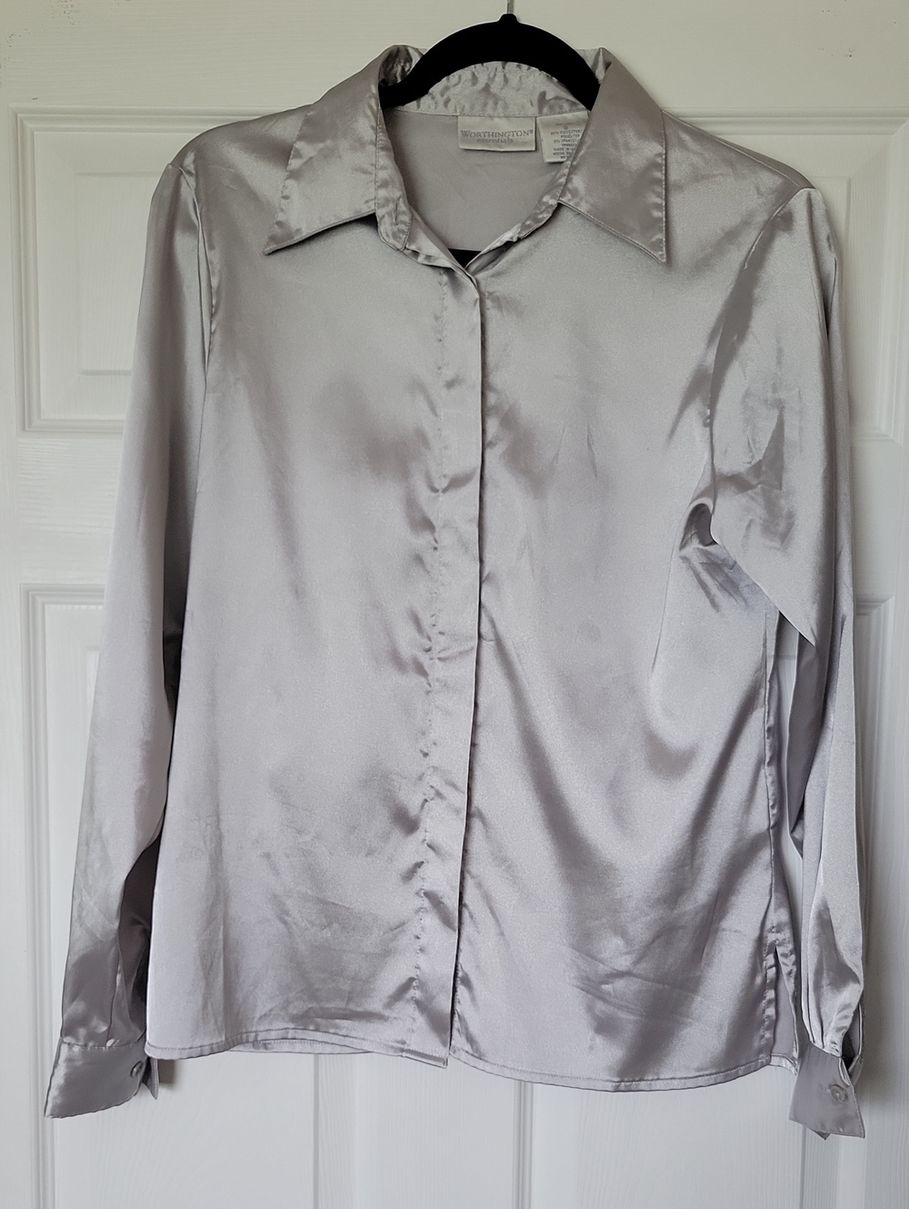 Worthington Silver Satin Button-Front Women's Shirt